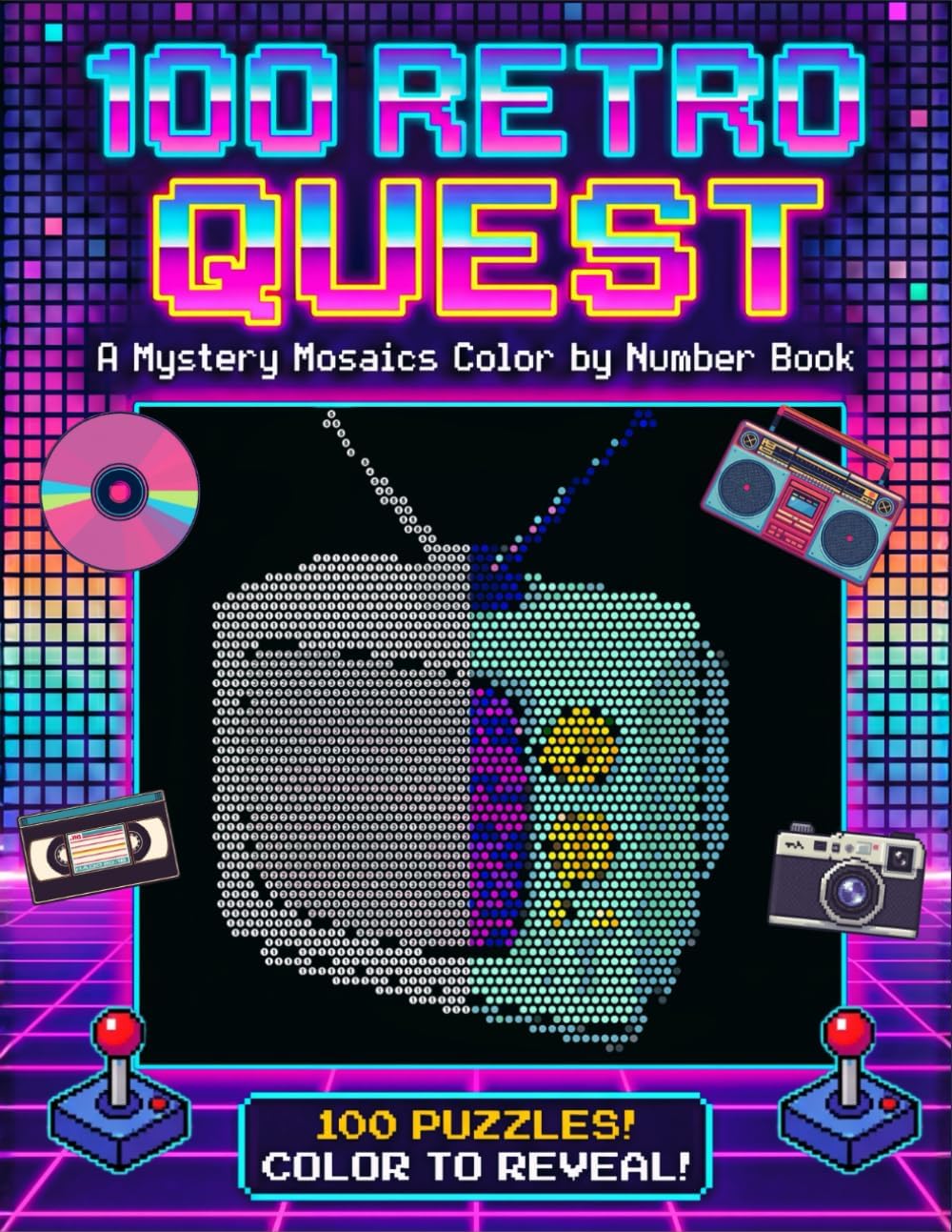 Retro Quest Mystery Mosaics Color by Number: 100 Nostalgic 90s Hidden Pictures with 5 Grid Shapes on Bold Black Backgrounds - Image 1