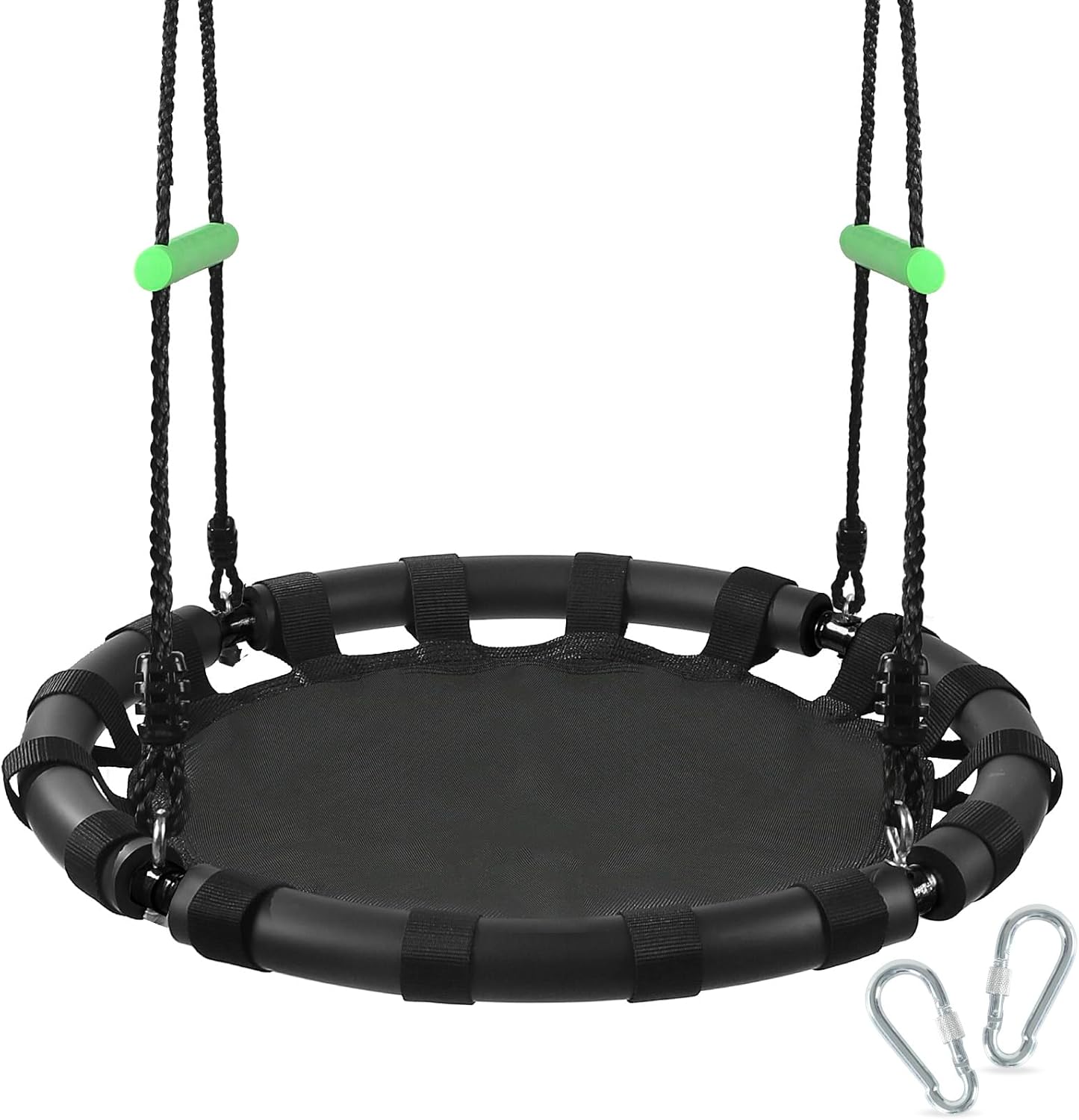 Zbzbml outdoor saucer tree swing front view featuring black polypropylene mat and green ropes