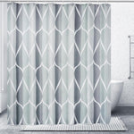 Gelbchu grey fabric geometric shower curtain front view hanging in bathroom