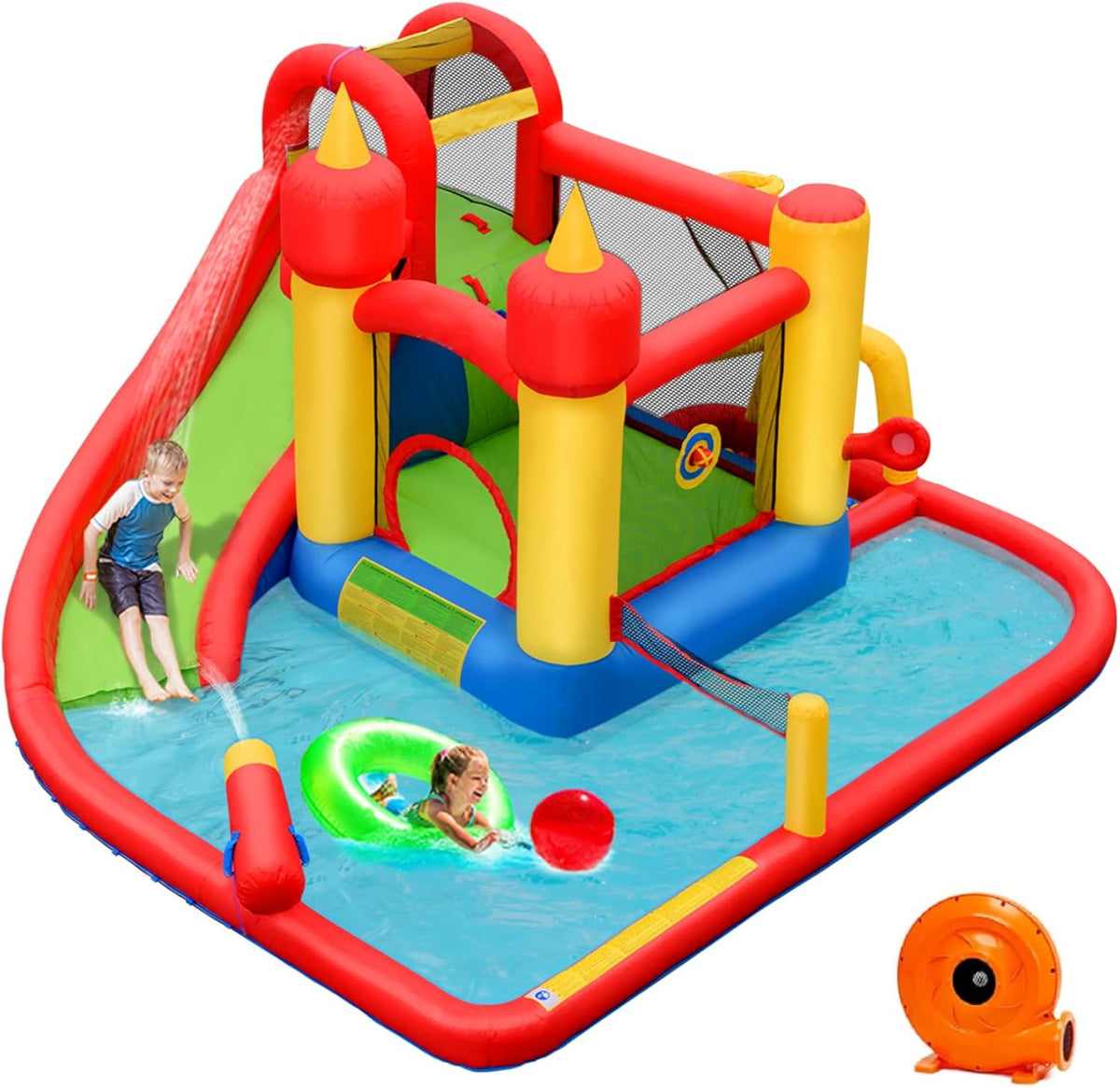 Honey Joy 7-in-1 inflatable water slide front view in a sunny backyard