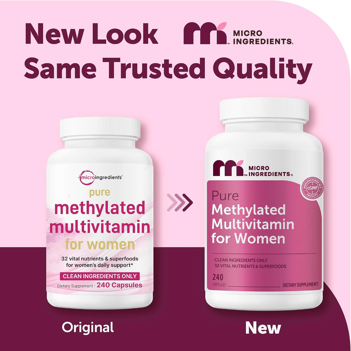 Micro Ingredients Pure Methylated Multivitamin for Women capsule count and serving size label