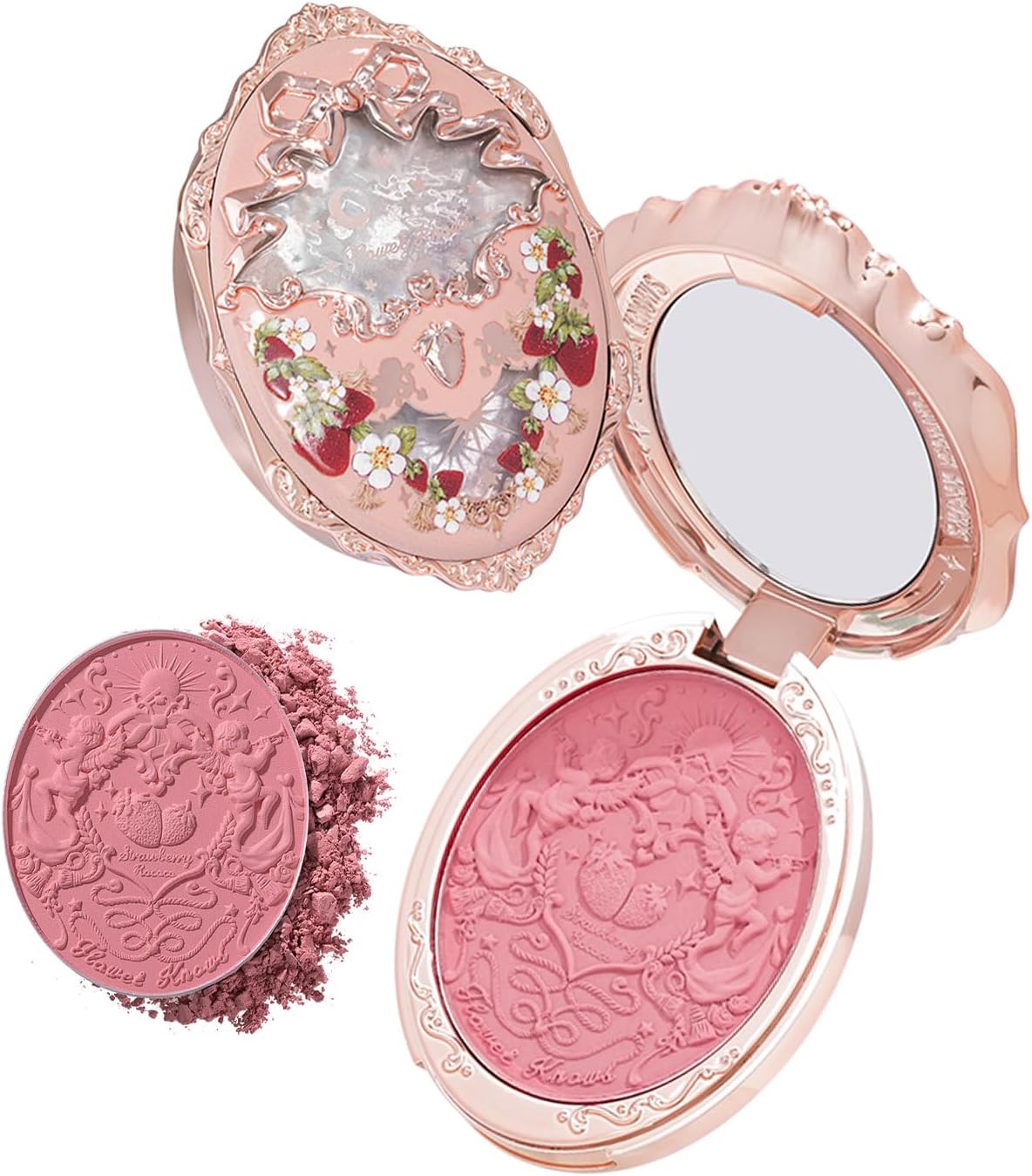 Flower Knows Strawberry Rococo Embossed Blush front view of the rose gold compact casing.