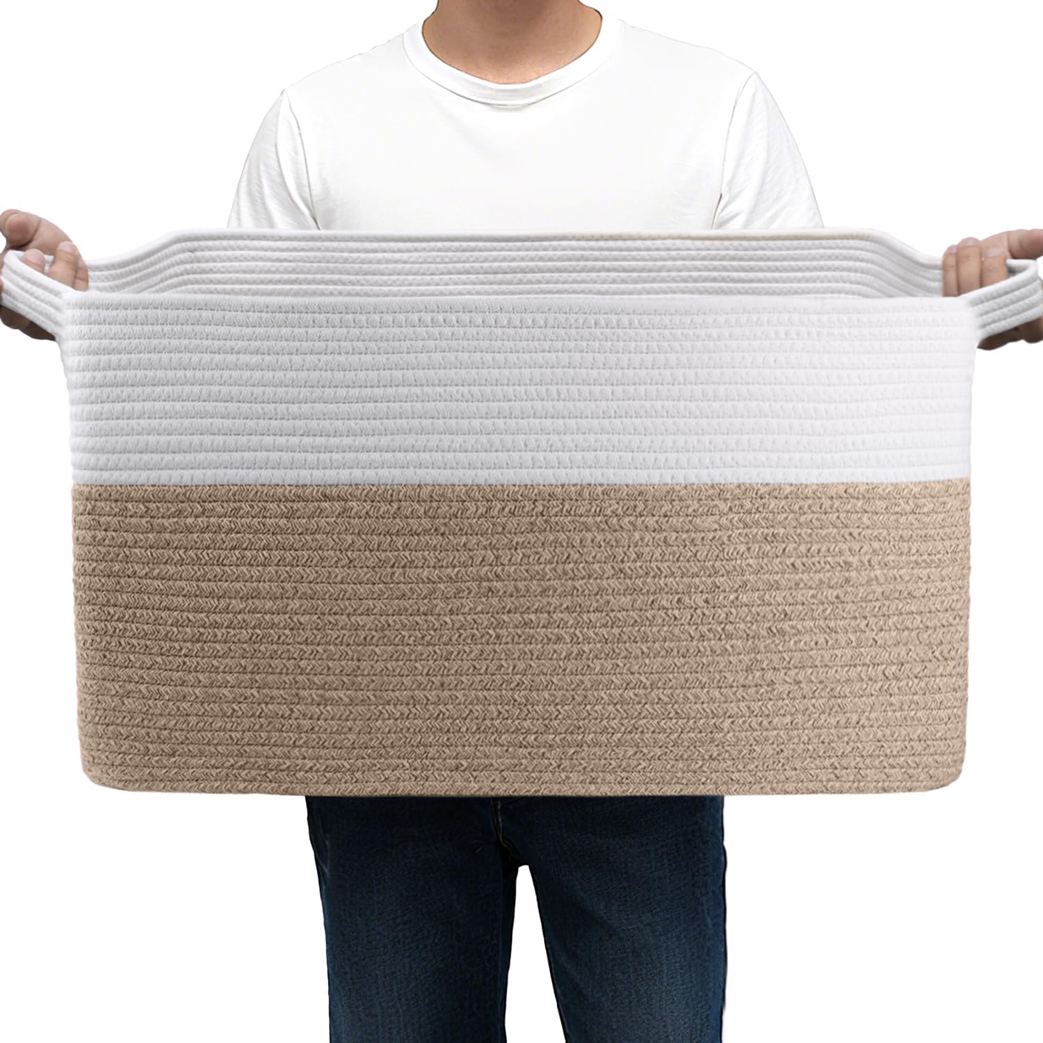 Garlephant large cotton rope storage basket front view showing two tone brown and white woven pattern