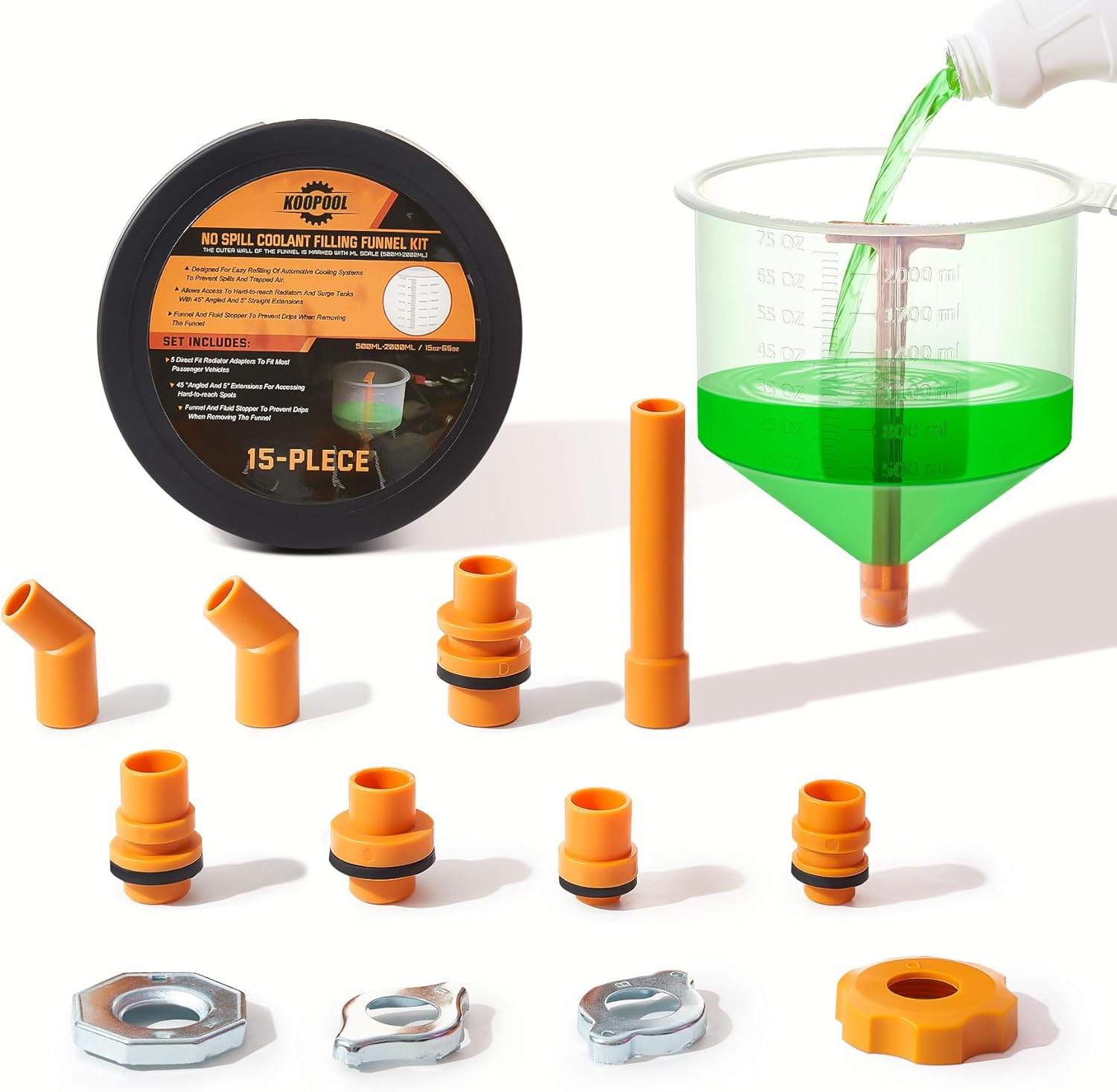 KOOPOOL Coolant Funnel Kit front view of fifteen piece automotive tool set