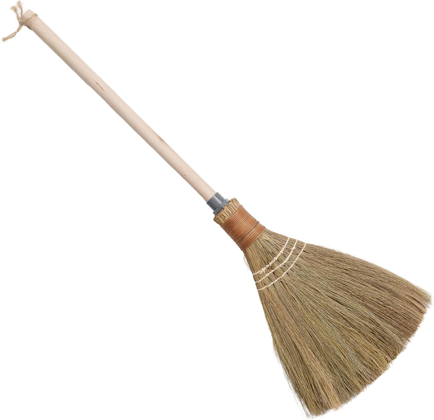 BMart Home natural whisk sweeping hand handle broom front view showing the textured grass bristles and smooth wood handle