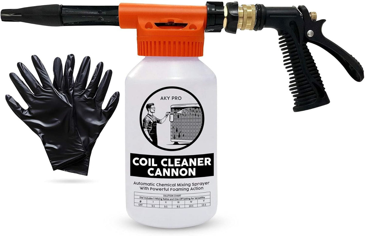 Aky Pro Coil Cleaner Cannon sprayer front view with bottle