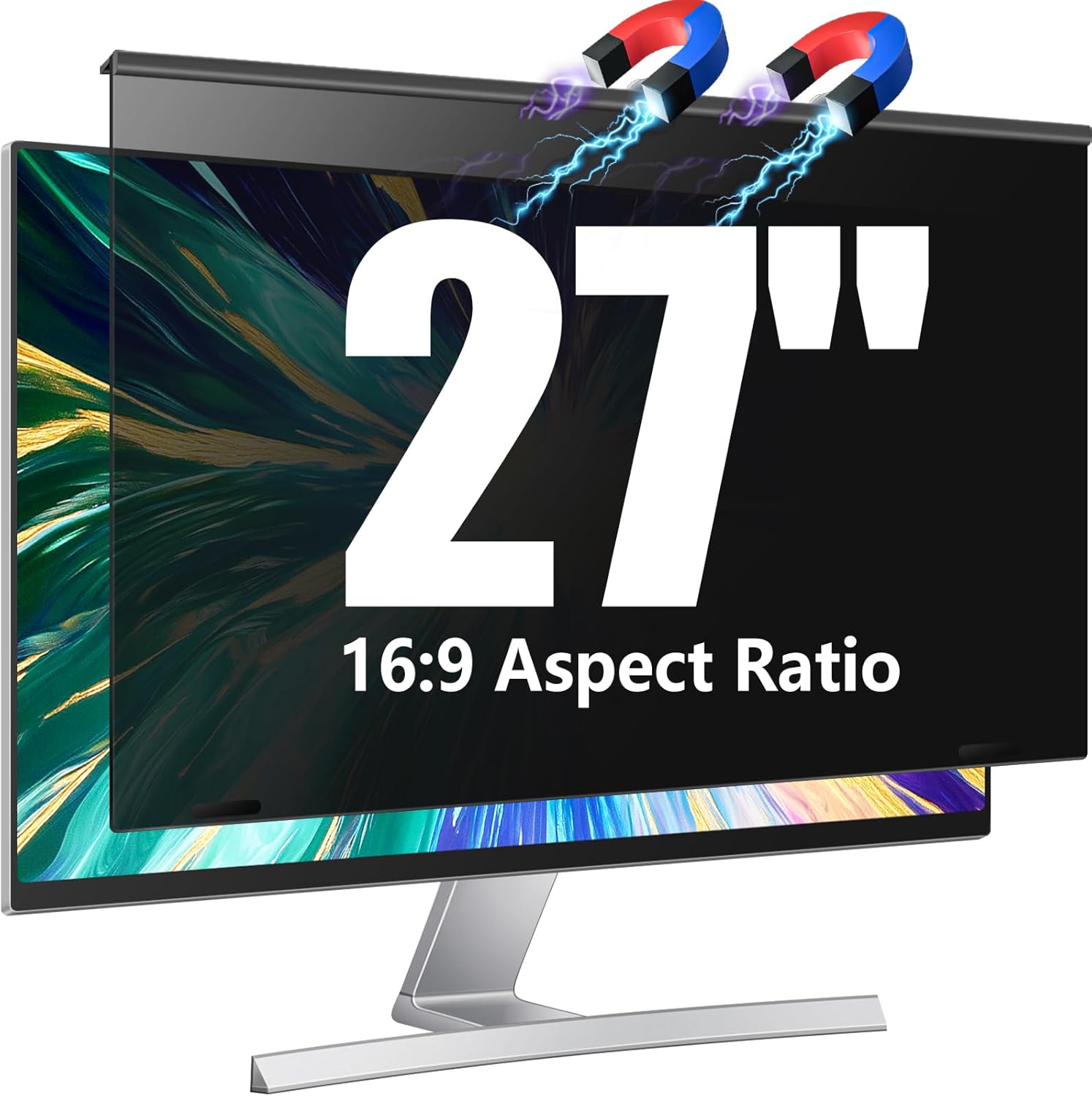 JEEETINTX magnetic computer privacy screen filter 27 inch front view on desktop monitor