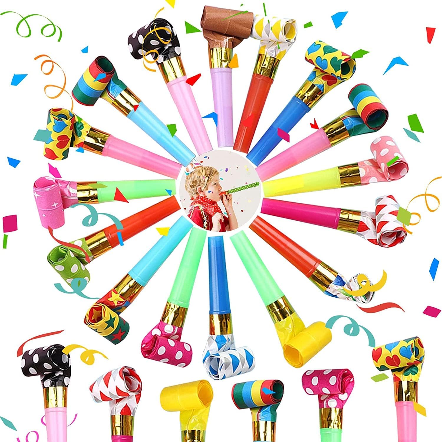 Kongchan 25 pieces colorful party blowers front view