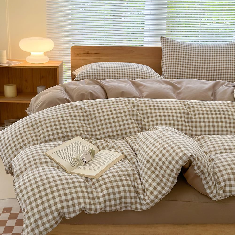 NSNLGSGC twin grid gingham duvet cover set in tan displayed on a beautifully made bed