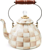 MACKENZIE-CHILDS Tea Kettle, 2 Quarts, Blue-and-White Royal Check | Hand-painted design, made from enameled steel with a wooden handle, ideal for serving coffee, tea, and other hot beverages - Image 9