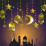 Cheerland Gold Star Moon Lantern Ramadan Garland front view hanging against a neutral living room wall.