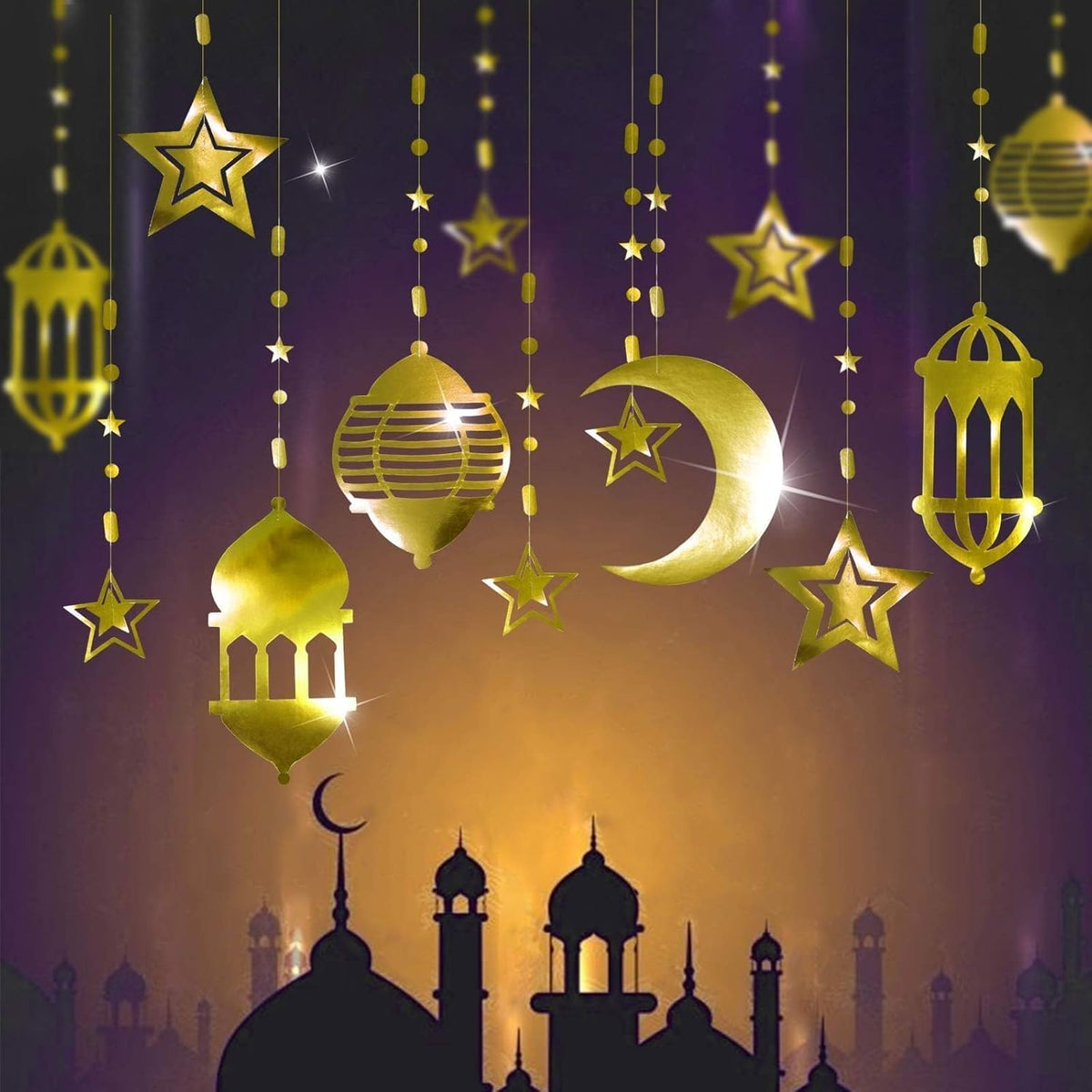 Cheerland Gold Star Moon Lantern Ramadan Garland front view hanging against a neutral living room wall.
