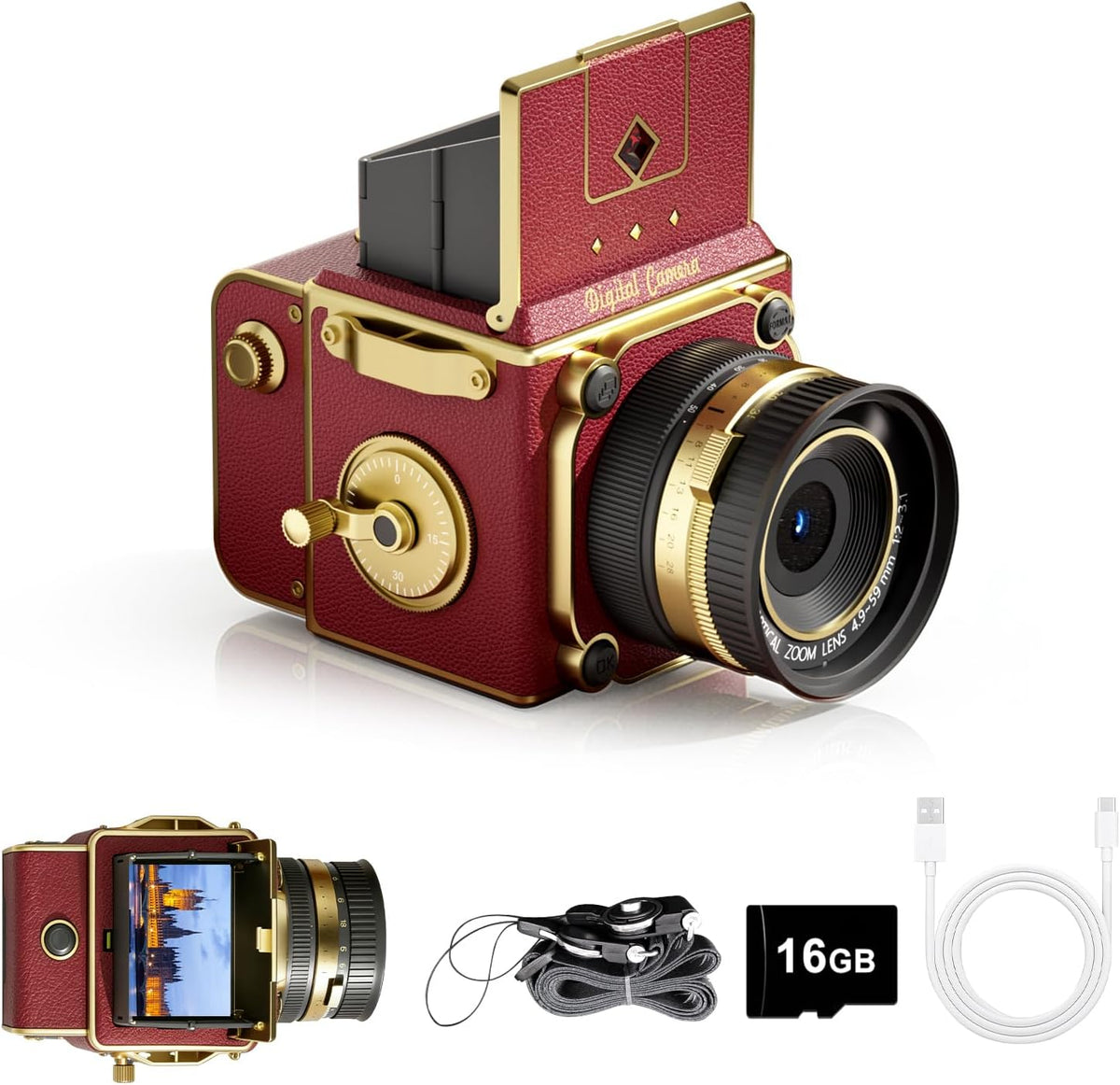 EJXHKNF vintage digital camera front view in red leather with gold trim