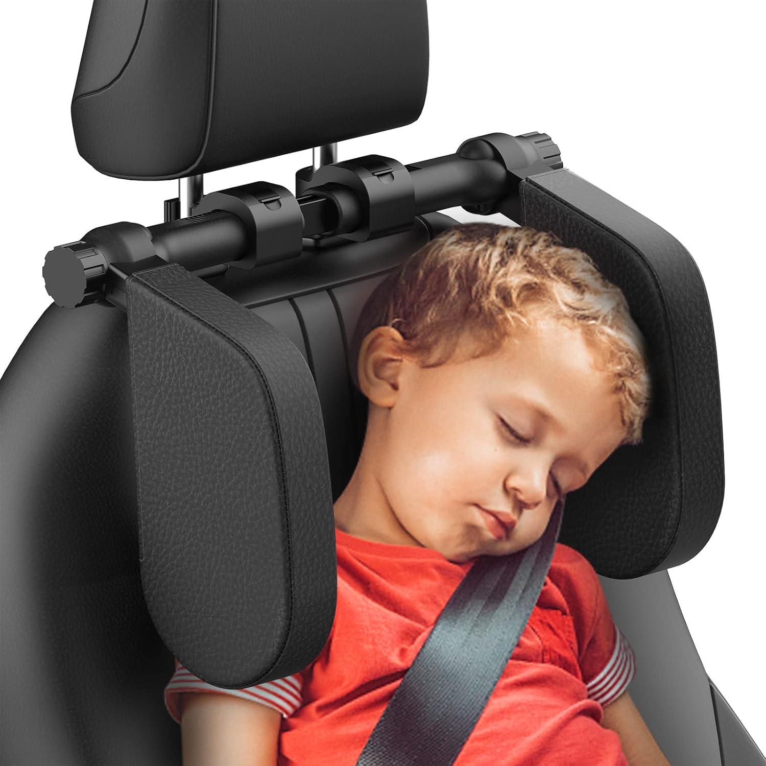 Yoocaa Adjustable Car Headrest Pillow Road Pal front view showing black leather memory foam pads mounted on car seat poles.