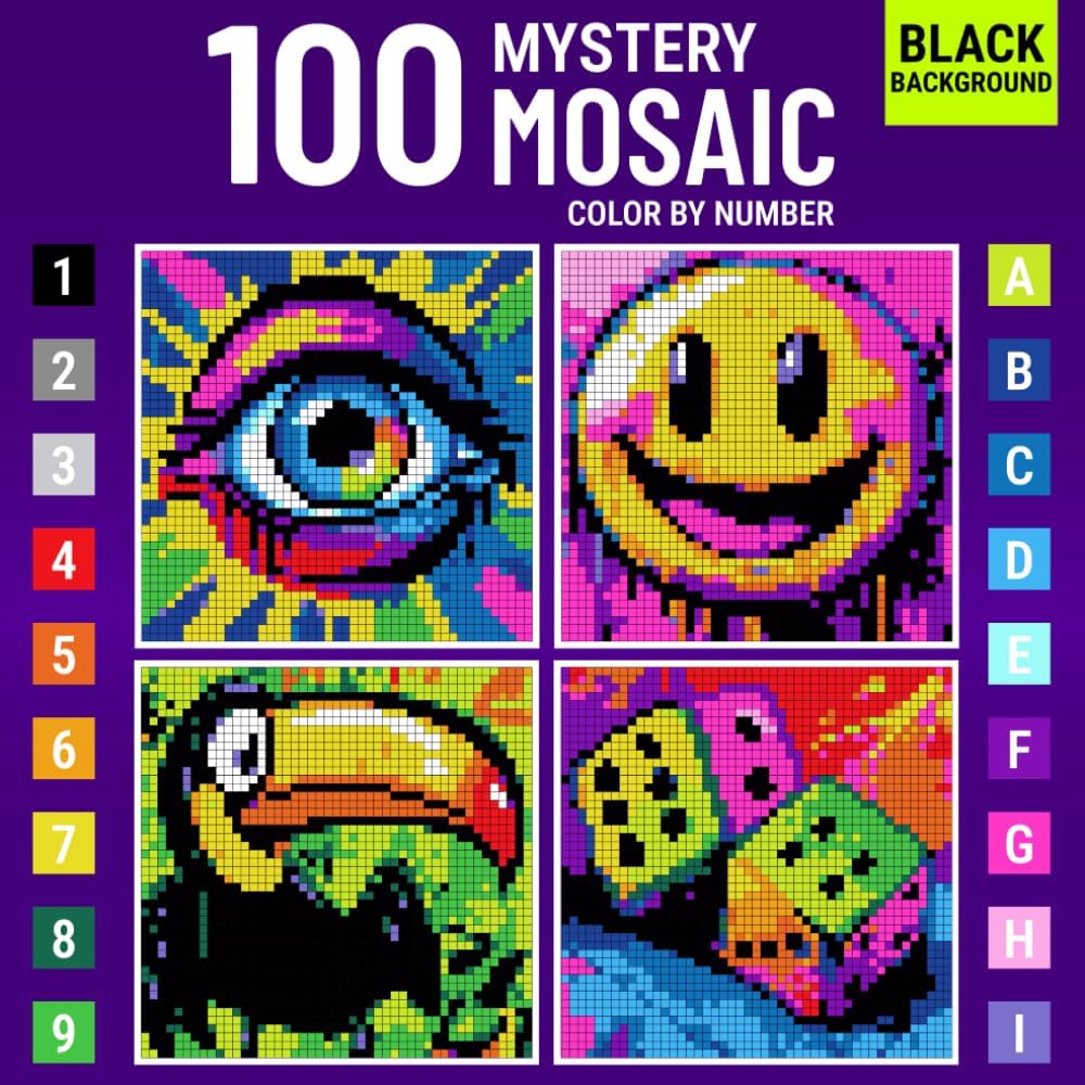 Mystery Mosaic color by number for Adults Vibrant Color Quest: A fun pixel art coloring book full of challenges to reveal hidden square images for stress relief, creativity, and relaxation. - Image 1