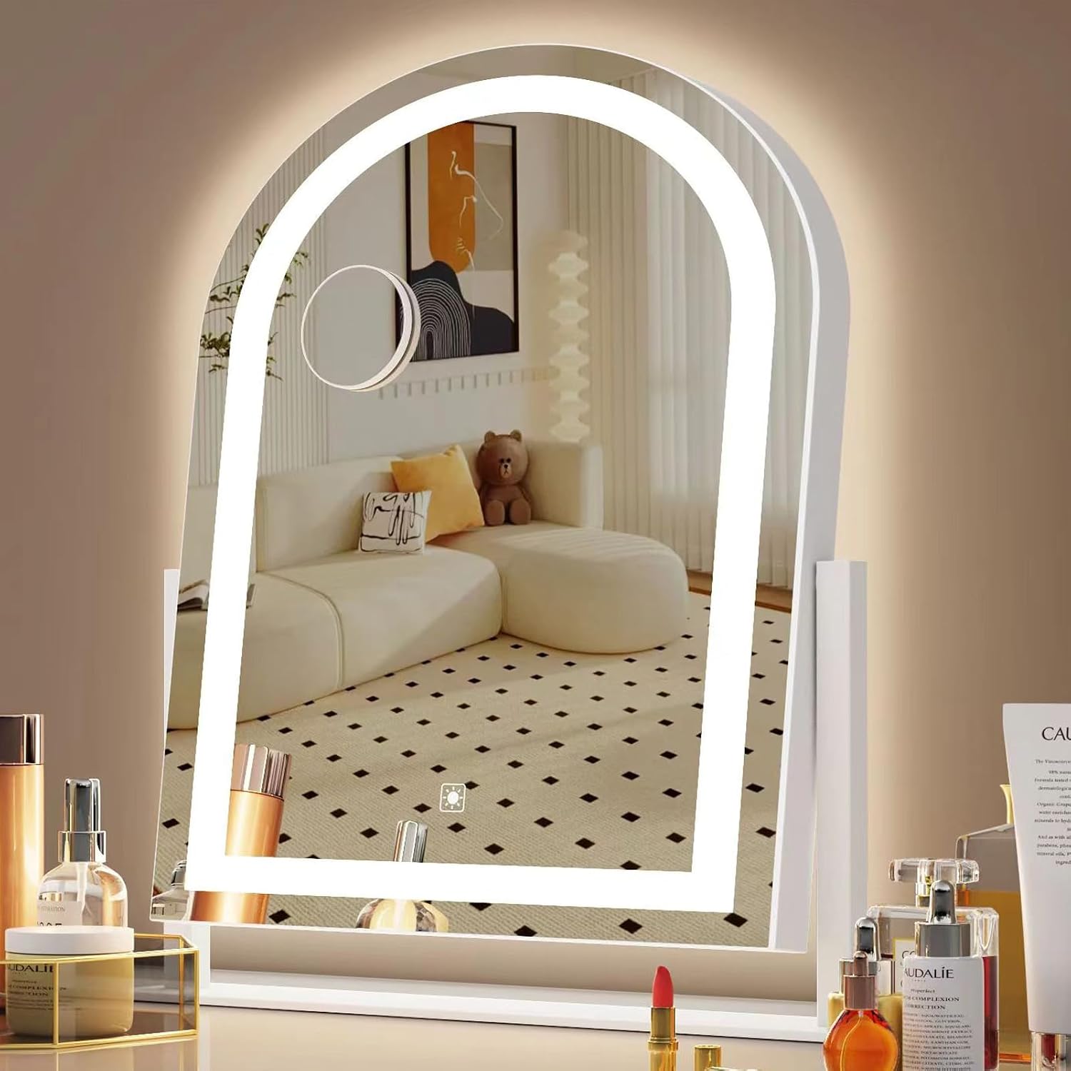 Gvnkvn curved makeup vanity mirror with lights front view tabletop LED mirror