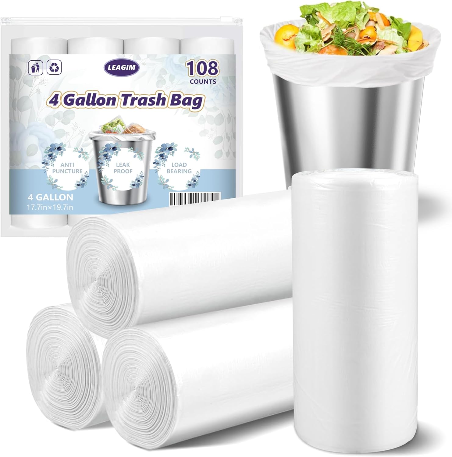 LEAGIM small trash bags four gallon front view pack of one hundred eight liners