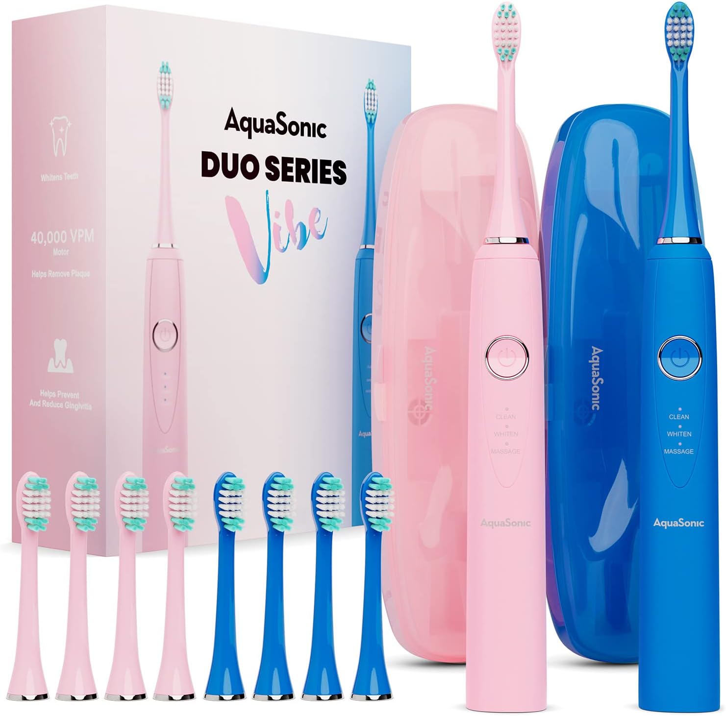 Aquasonic Vibe Duo - Dual Handle Ultra Whitening 40,000 VPM Fast Charging Electric ToothBrushes - 3 Modes with Smart Timers - 10 Dupont Brush Heads & 2 Travel Cases Included - Image 1