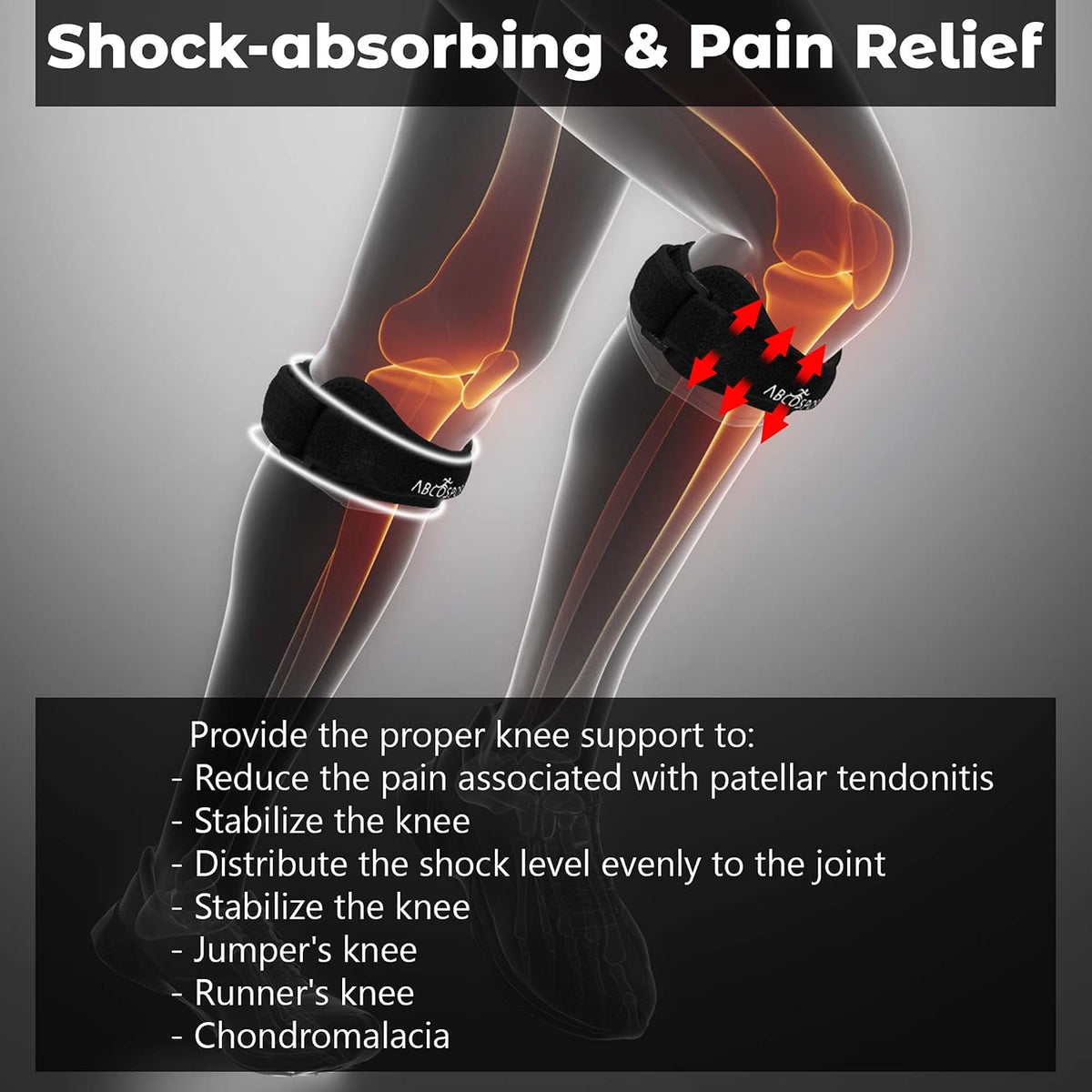 Abco Tech knee support strap wrapped around knee for pain relief