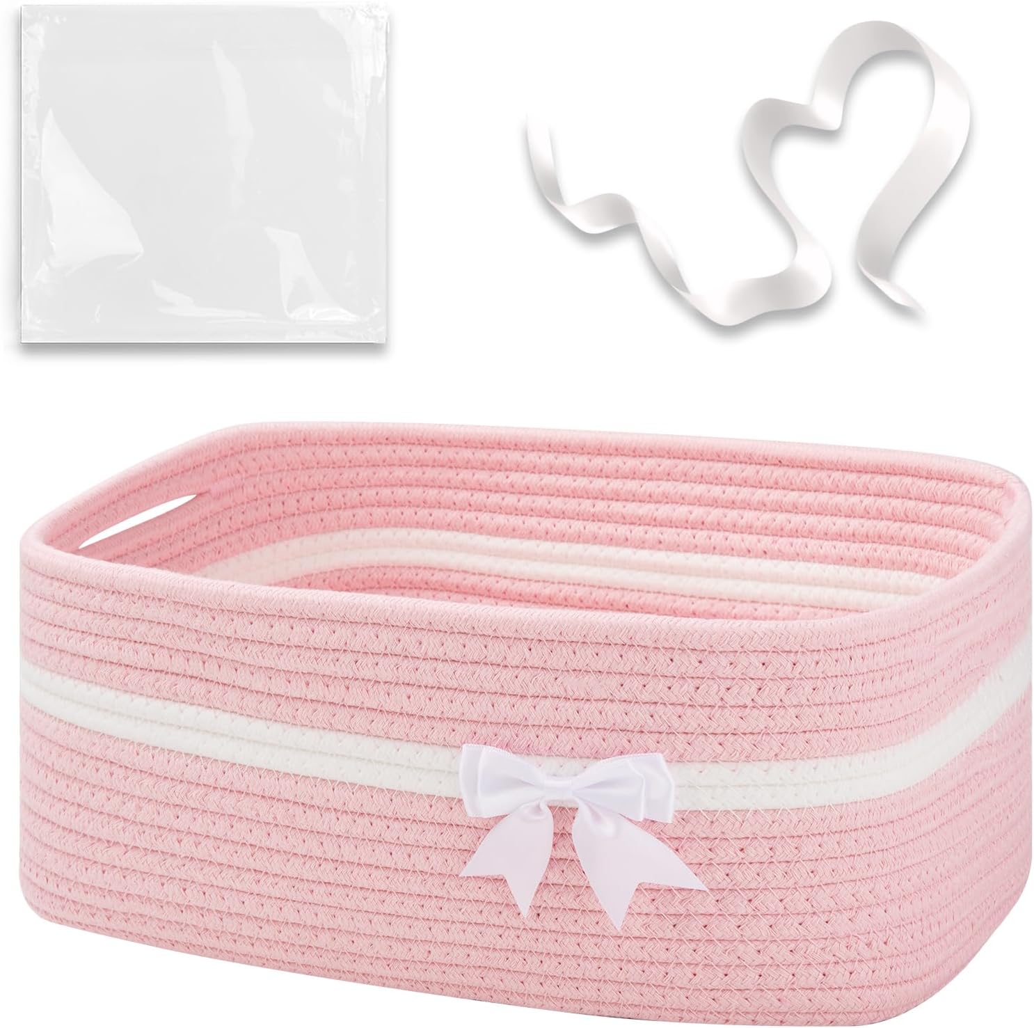 OIAHOMY large woven storage basket front view showing pink and white cotton design with decorative white bow