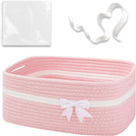 OIAHOMY large woven storage basket front view showing pink and white cotton design with decorative white bow