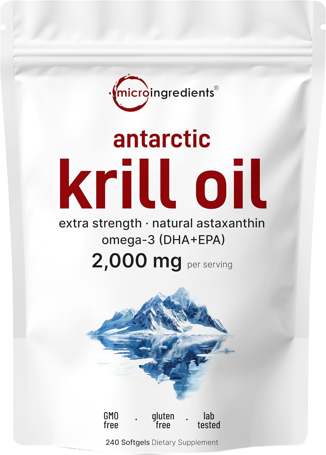 Micro Ingredients Antarctic krill oil 120 softgels pouch package overview