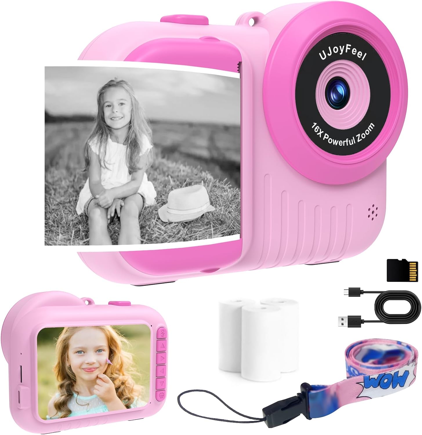 UJoyFeel kids instant print camera pink front view showcasing the 3.5-inch color screen and lens