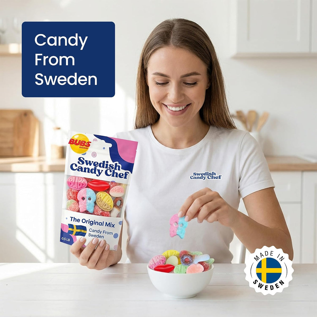 Imported Scandinavian sweet and sour gummy variety pack spread out on a table.