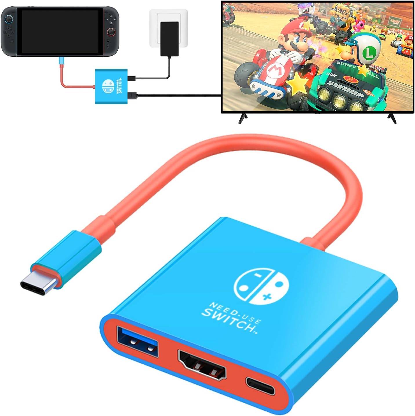 DUEQID USB C to HDMI adapter front view highlighting the compact 3 in 1 design in bleu.