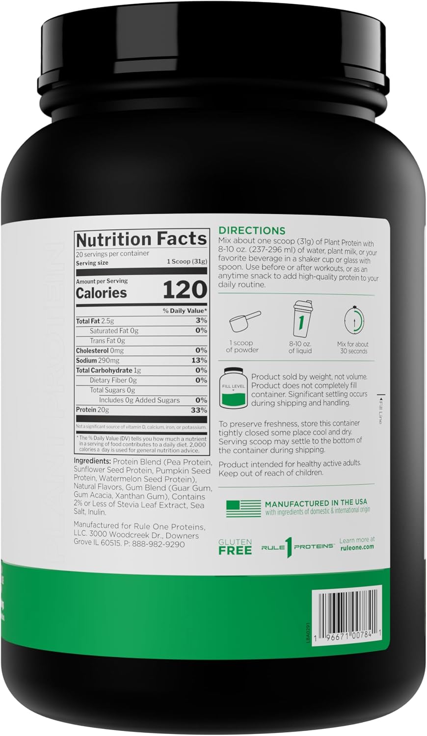 Rule 1 Plant Protein nutritional facts panel label