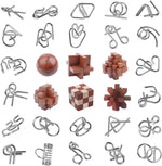 RLYLF 30 piece brain teaser puzzles set front view showing wooden blocks and metal wires