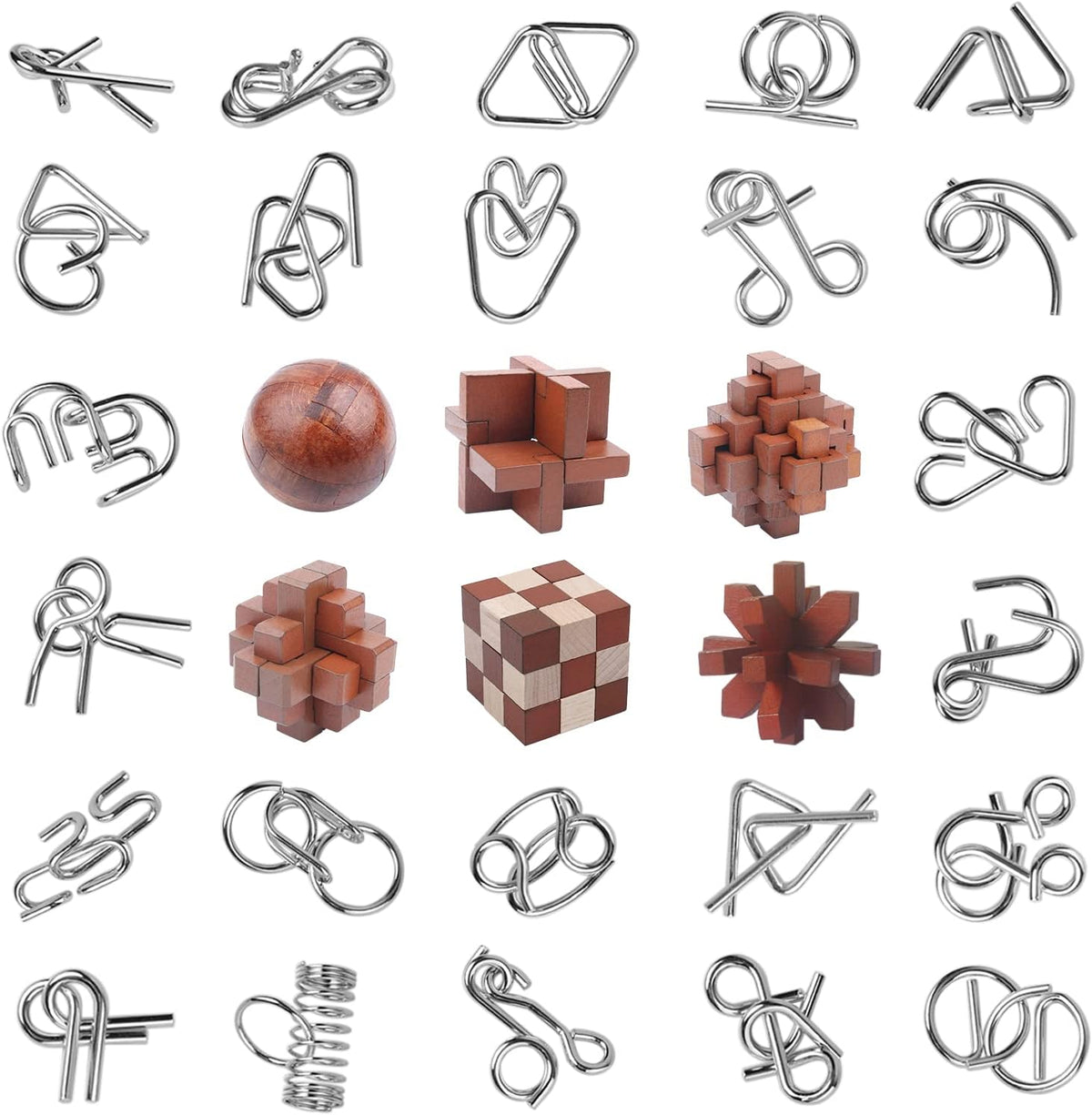 RLYLF 30 piece brain teaser puzzles set front view showing wooden blocks and metal wires