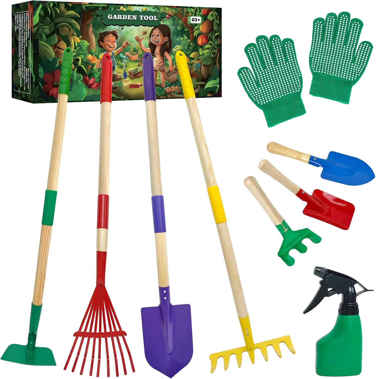 VICHTOP 9-piece kids gardening tools set front view with shovel rake and hoe
