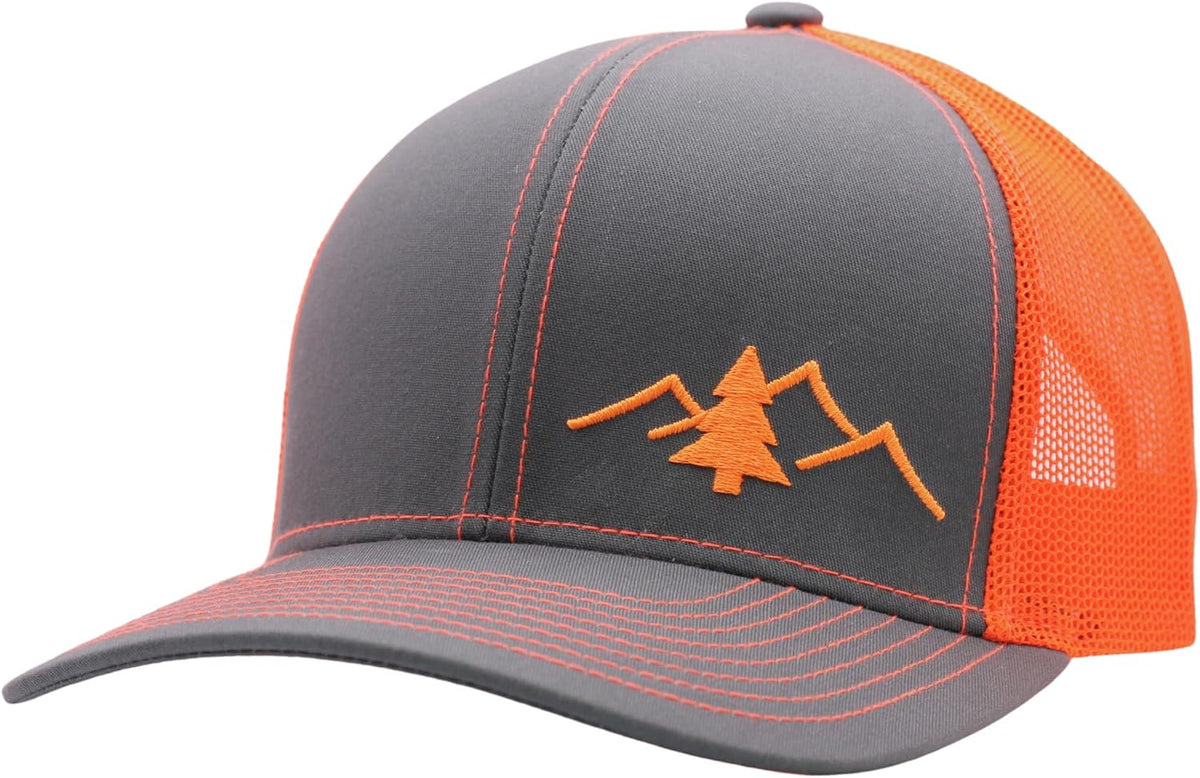 Lindo trucker hat close up of embroidered mountain graphic detail