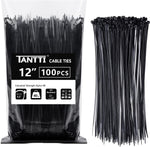 Tantti 12 inch black zip ties front view showing 100 pack packaging