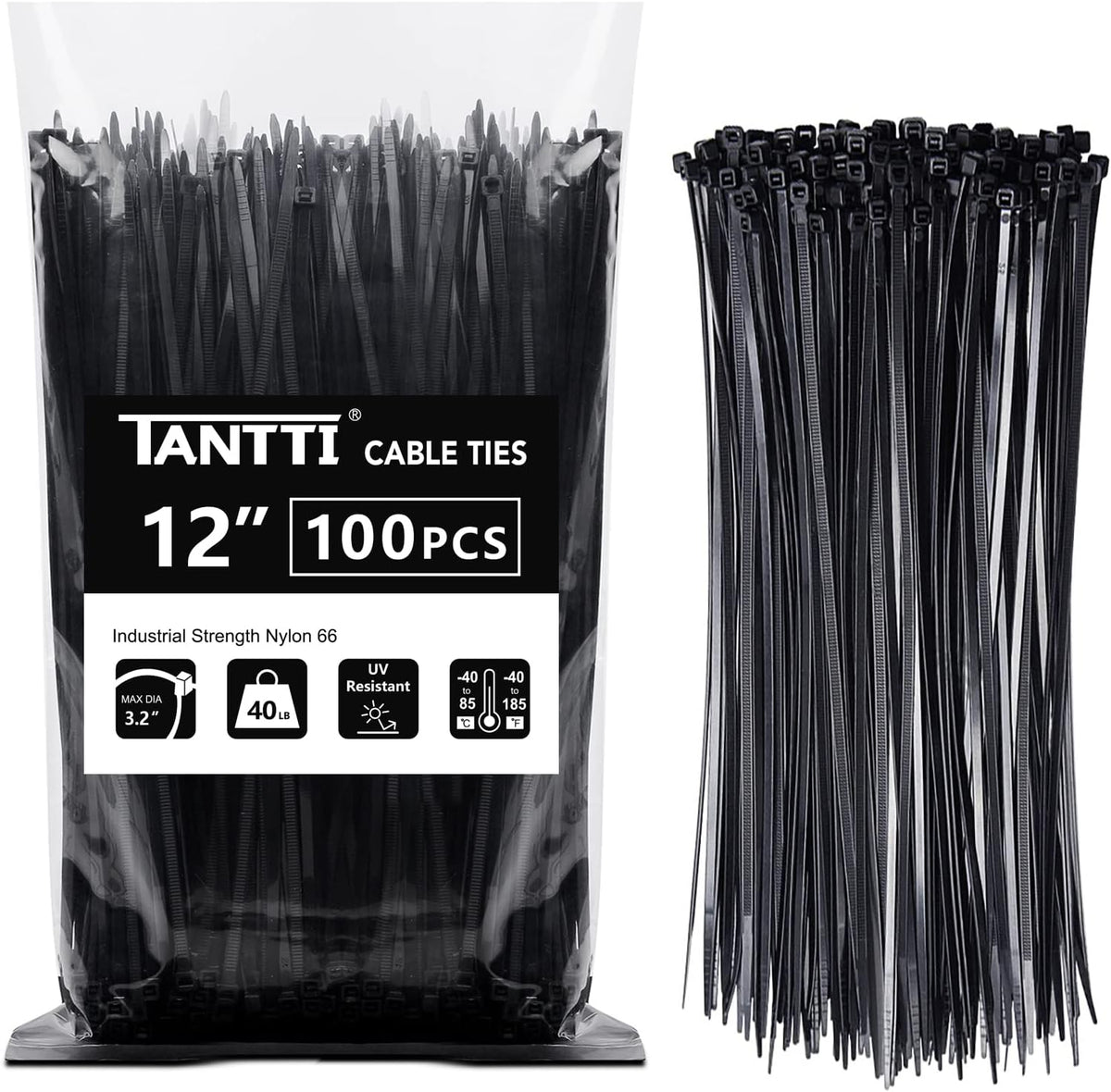 Tantti 12 inch black zip ties front view showing 100 pack packaging