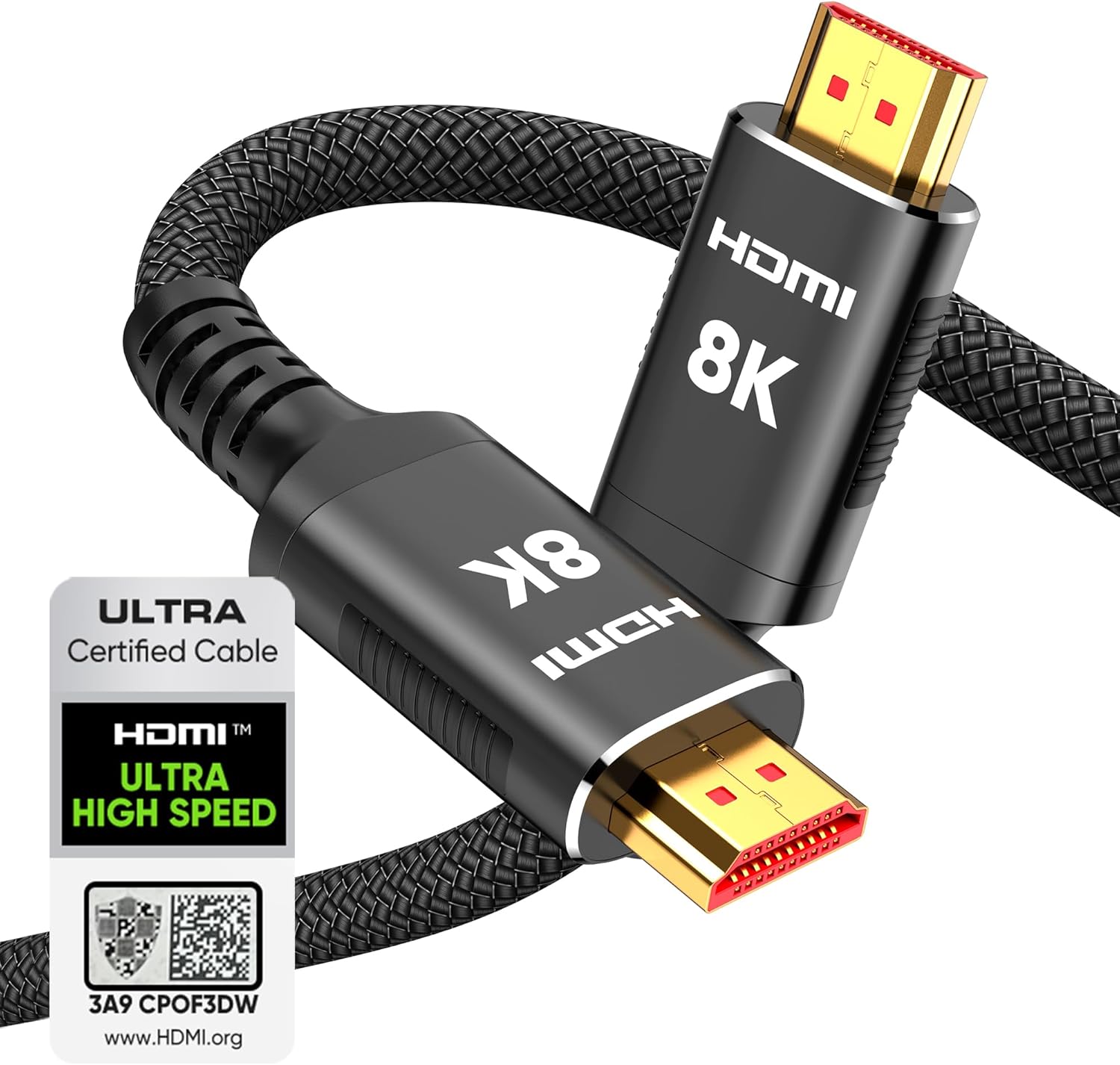 Snowkids 8K Certified HDMI 2.1 Cable 10 Feet front view showcasing gold-plated connectors.