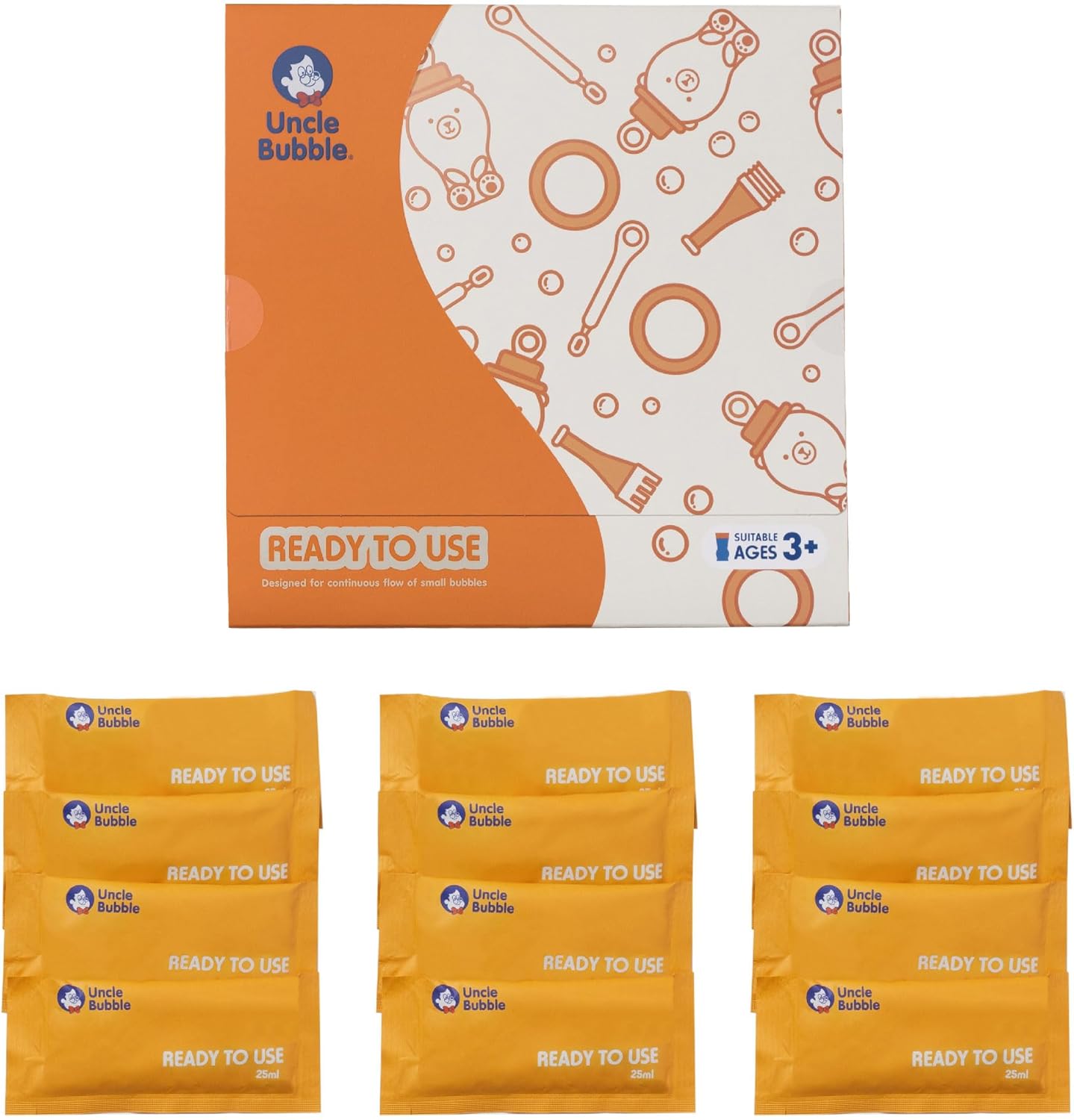 Uncle Bubble Ready to Use Bubble Solution Refill front view of 12 pouches pack.