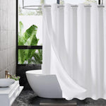 MitoVilla No Hooks Needed White Waffle Shower Curtain Set front view hanging on a bathroom rod.