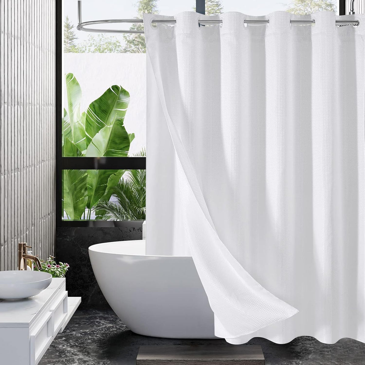 MitoVilla No Hooks Needed White Waffle Shower Curtain Set front view hanging on a bathroom rod.