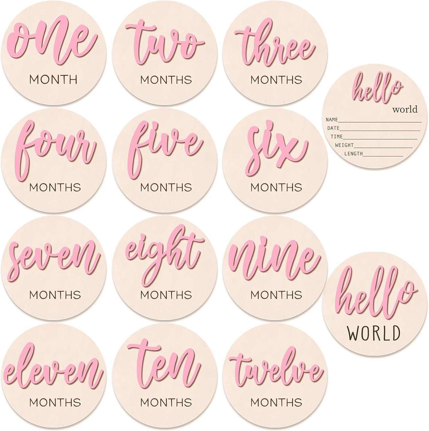 HIYZI baby monthly milestone wooden signs front view featuring pink 3D lettering
