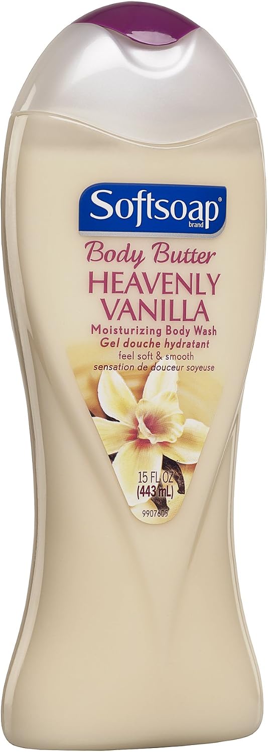 Softsoap Heavenly Vanilla body wash bottle close up