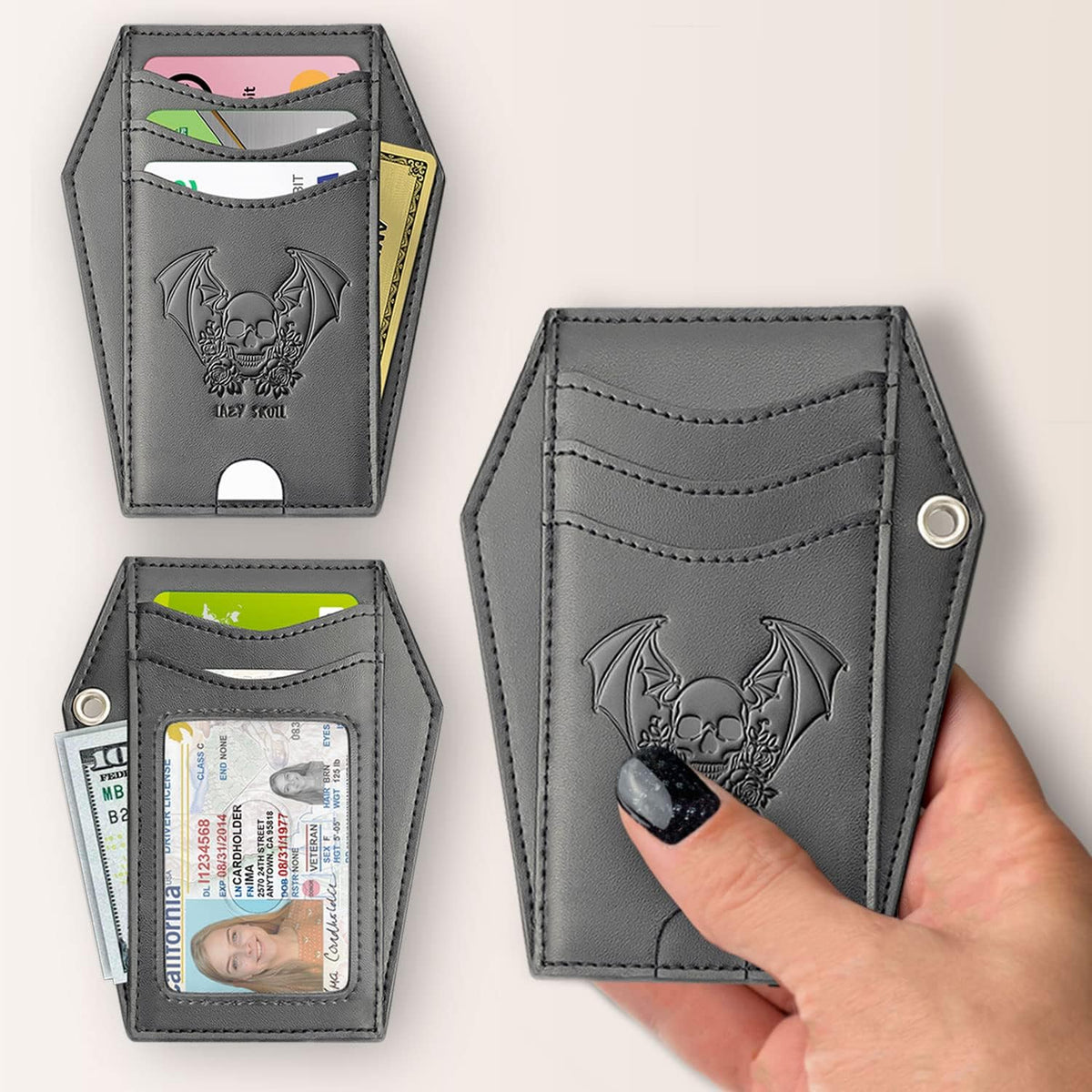Lazy Skull goth wallet open displaying card slots and ID window