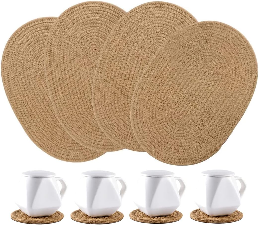 Wenfome oval jute woven placemats and coasters set front view