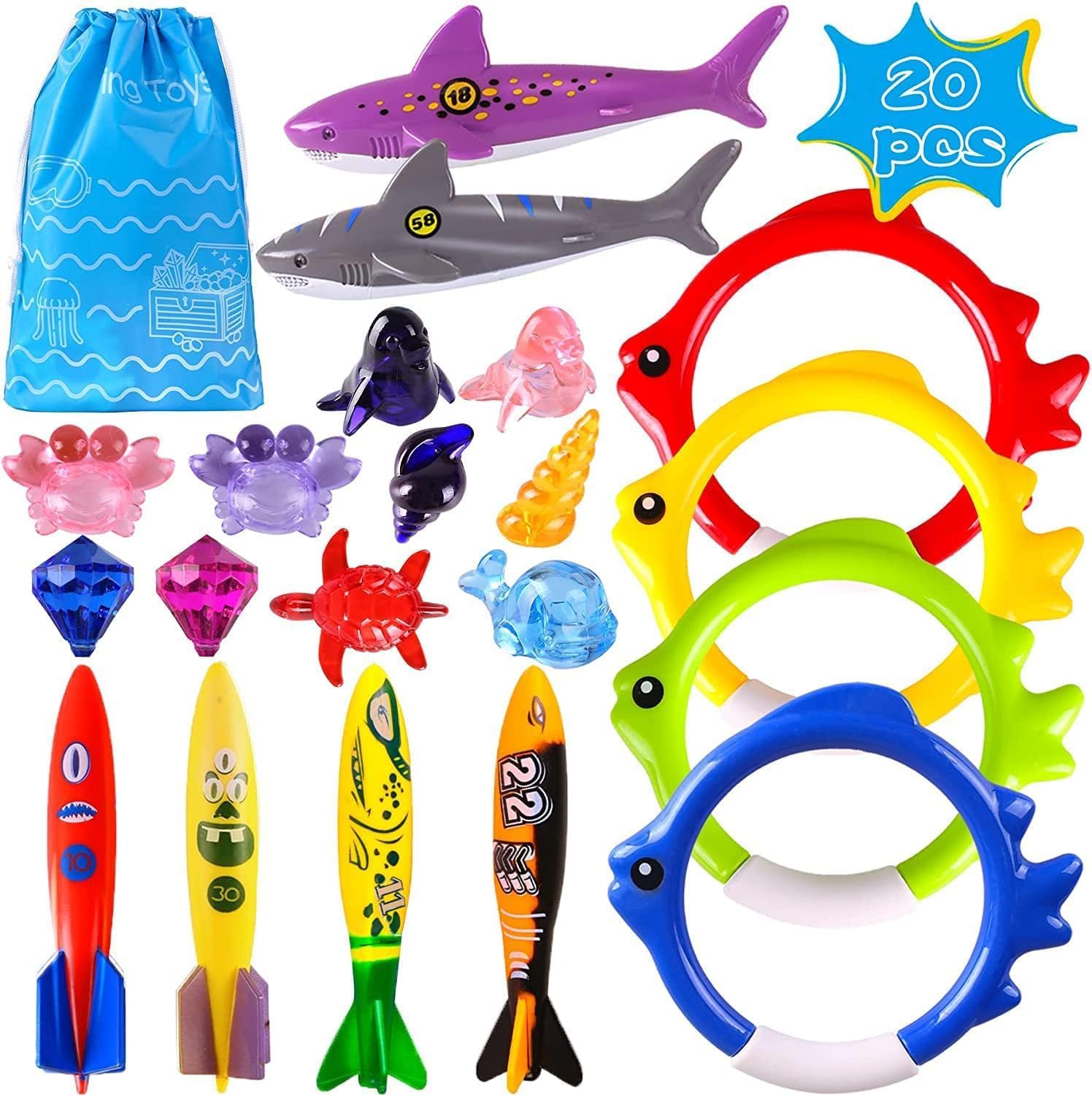 Woplagyreat Summer Pool Diving Swimming Toys front view of twenty pieces laid out on a clean surface.