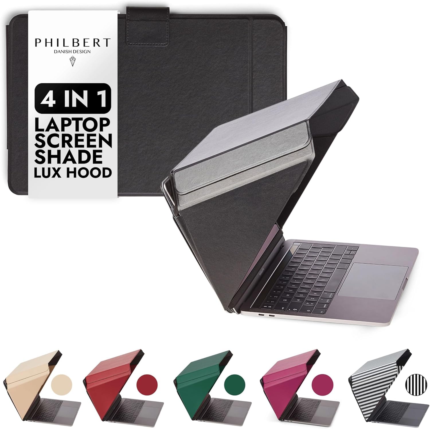 Philbert 4-in-1 Laptop Sun Shade Lux Hood front view showing privacy shield setup on a premium laptop.