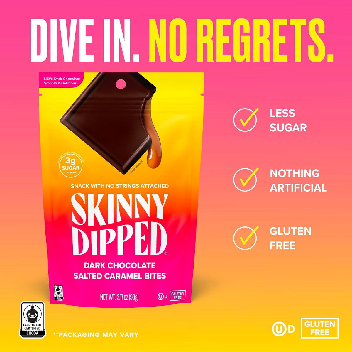 Nutritional information label on SkinnyDipped pouch