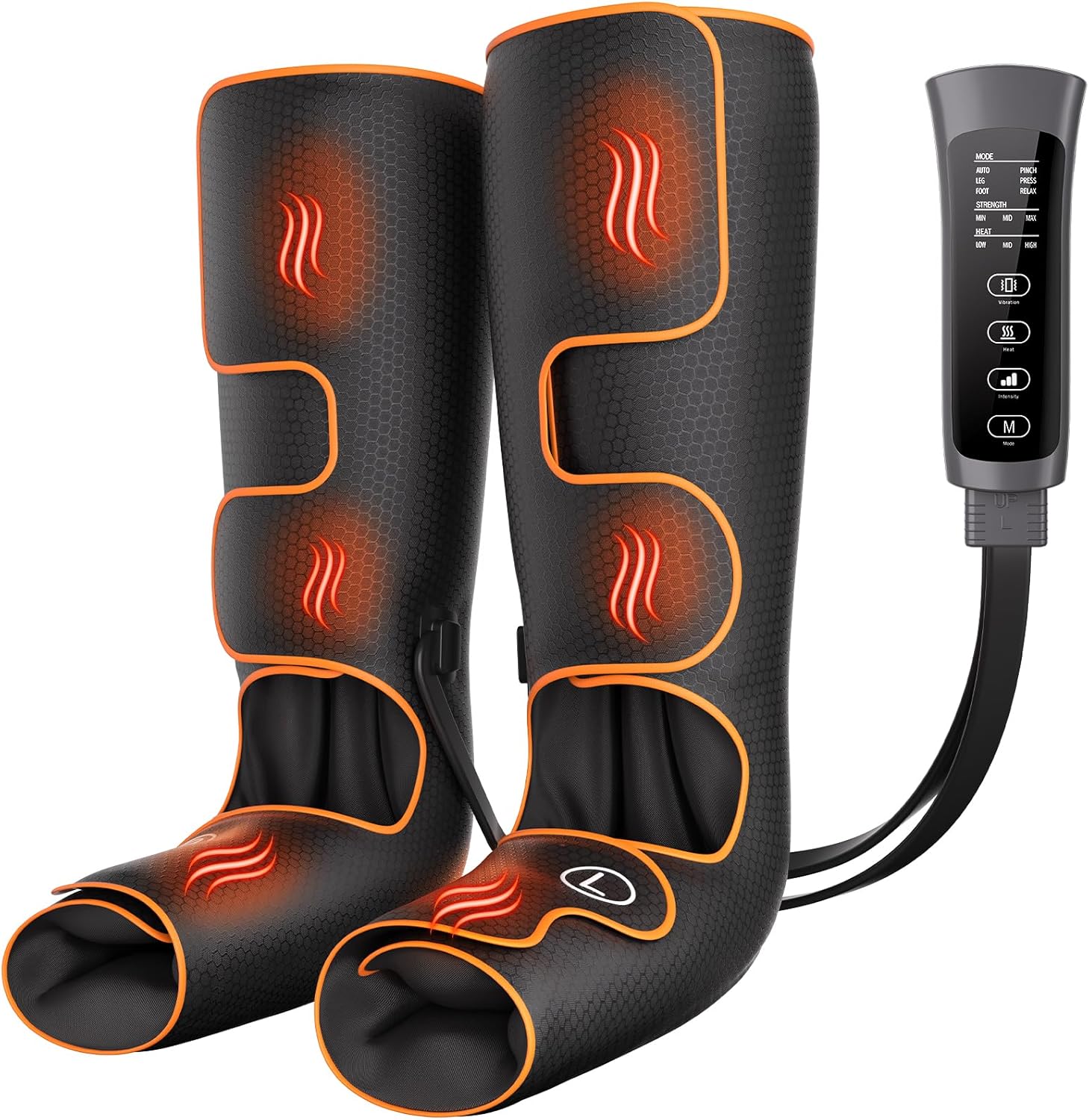 Banspol leg massager with heat and compression front view showing premium black and orange fabric wraps