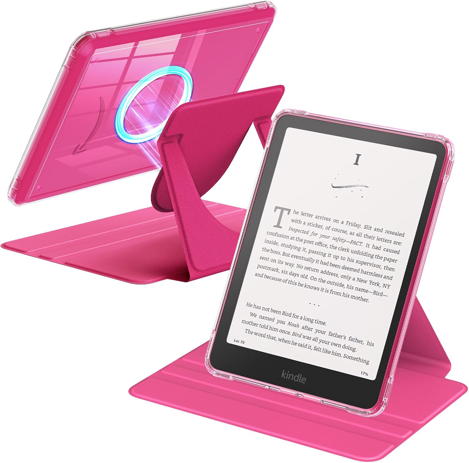 MoKo 360 degree rotating case for Kindle Paperwhite in raspberry front view