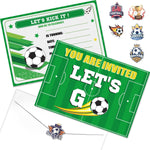 Party Beautifully soccer birthday invitation cards set front view showing green field design